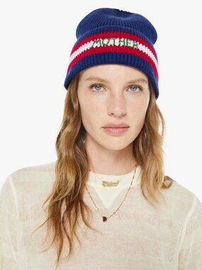 Mother Embroidered Navy Blue Knit THE Beanie With Red & White Stripes NWT
